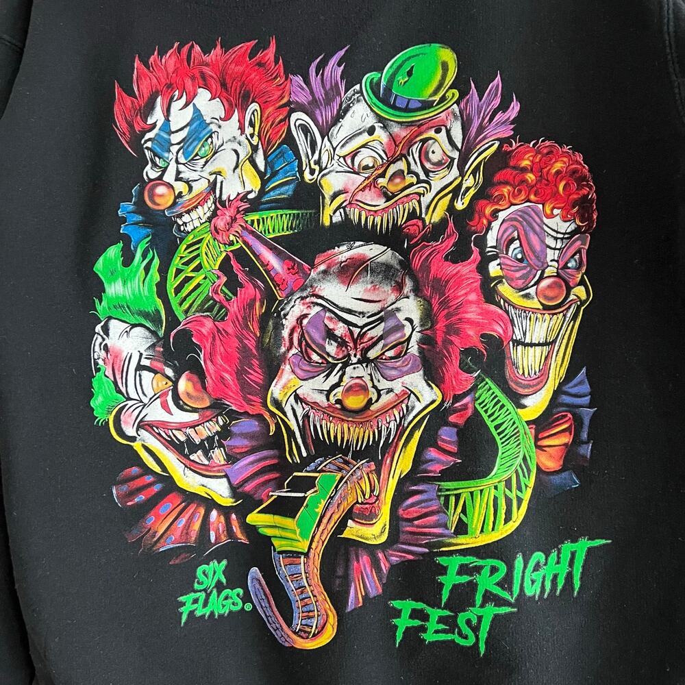 Six Flags Fright Fest Hoodie Mens Medium Black Clown Graphic Sweatshirt